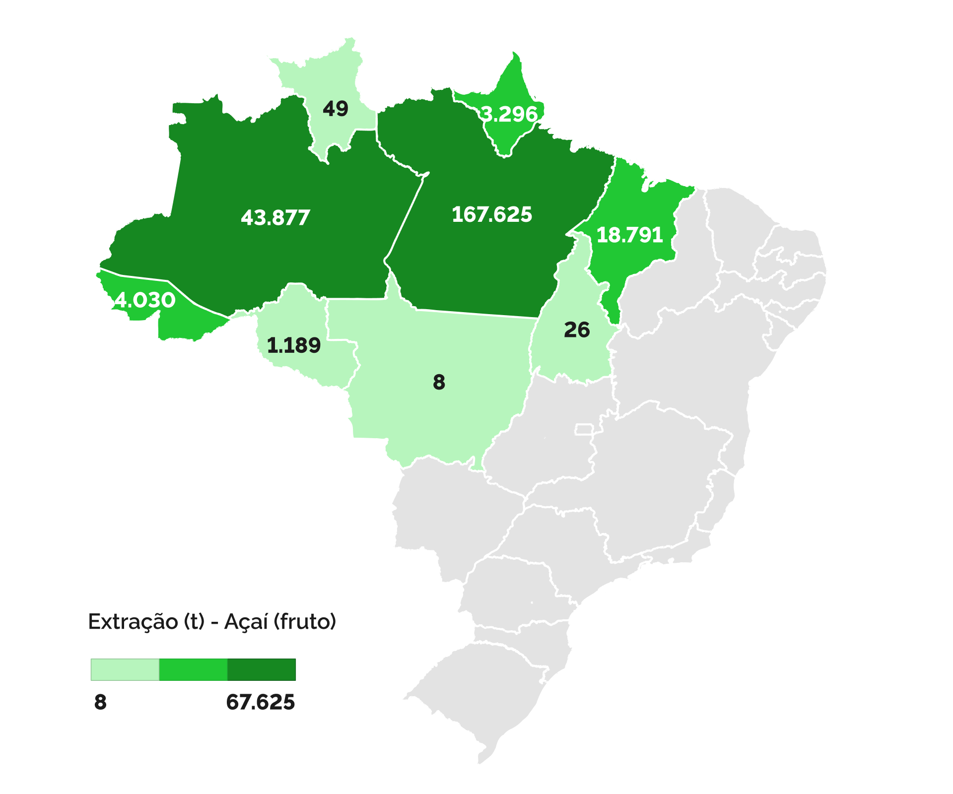 Regiões de extração do açaí e quantidades extraídas (t) de áreas naturais em 2023