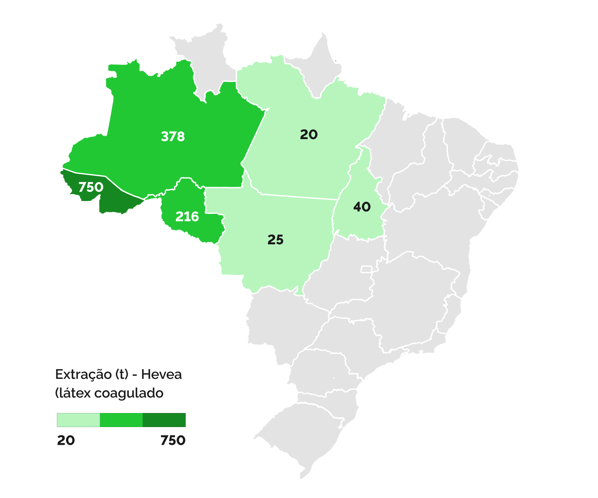 Regiões de extração de hevea ou borracha (látex coagulado) e quantidades extraídas (t) de áreas naturais em 2023