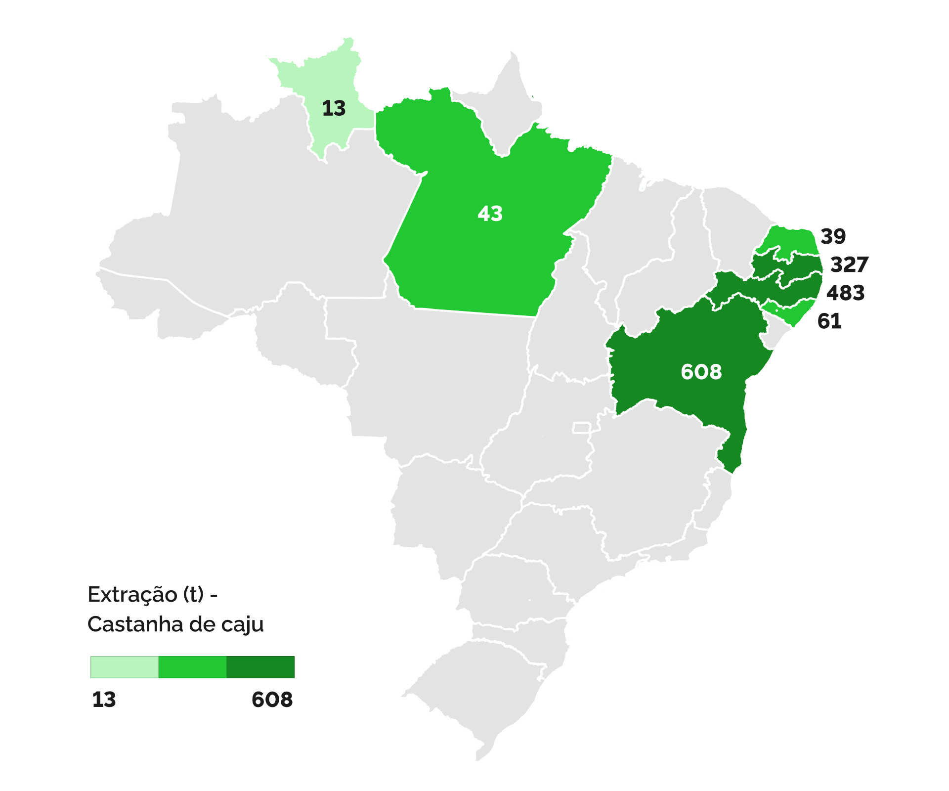 Regiões de extração de castanha de caju e quantidades extraídas (t) de áreas naturais em 2023