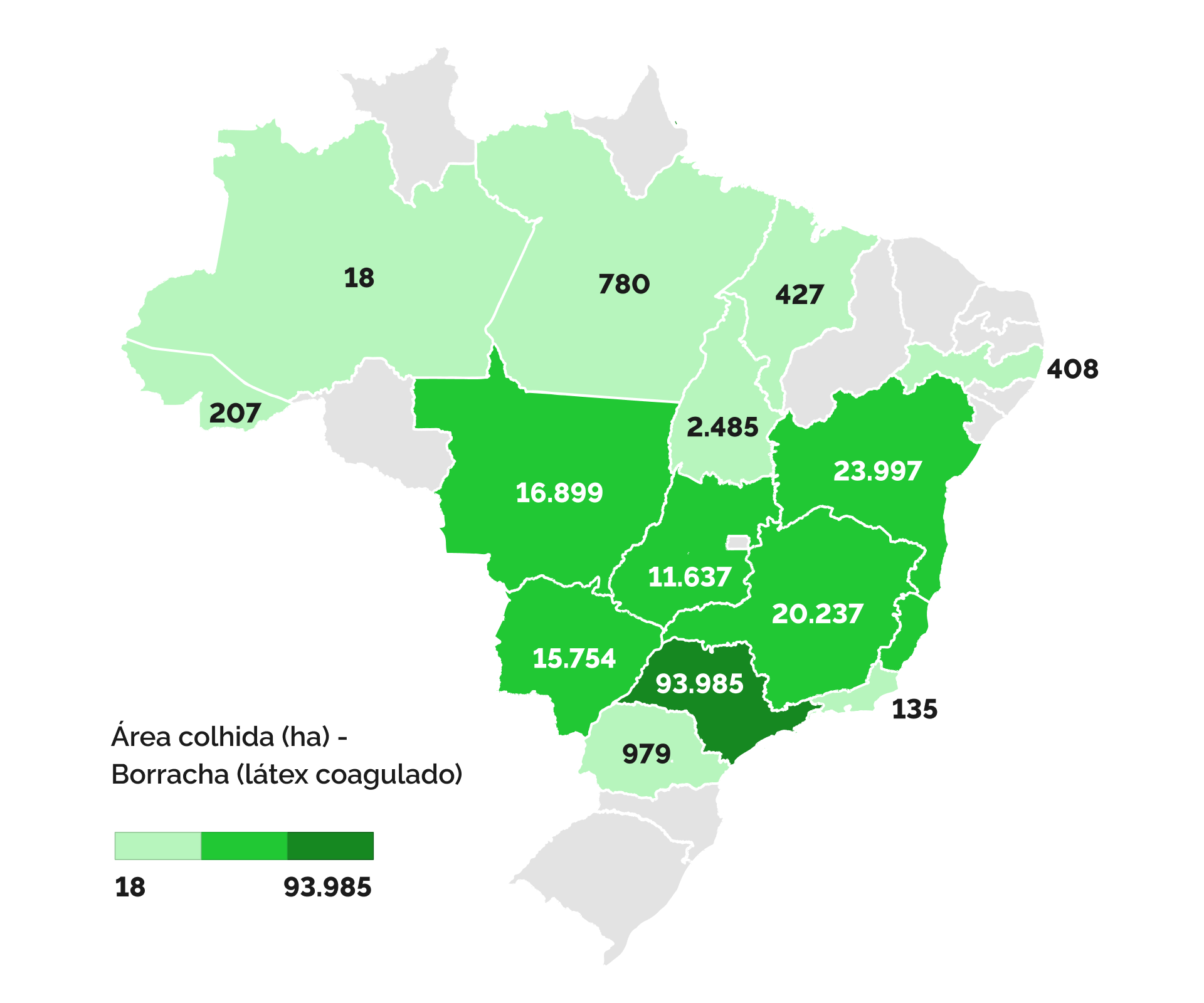 Área colhida (ha) de borracha (látex coagulado) proveniente de lavouras permanentes em 2023